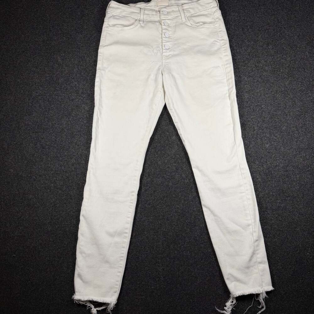MOTHER Jeans The Looker Skinny White Denim Distressed Raw Hem Button Fly Jeans
